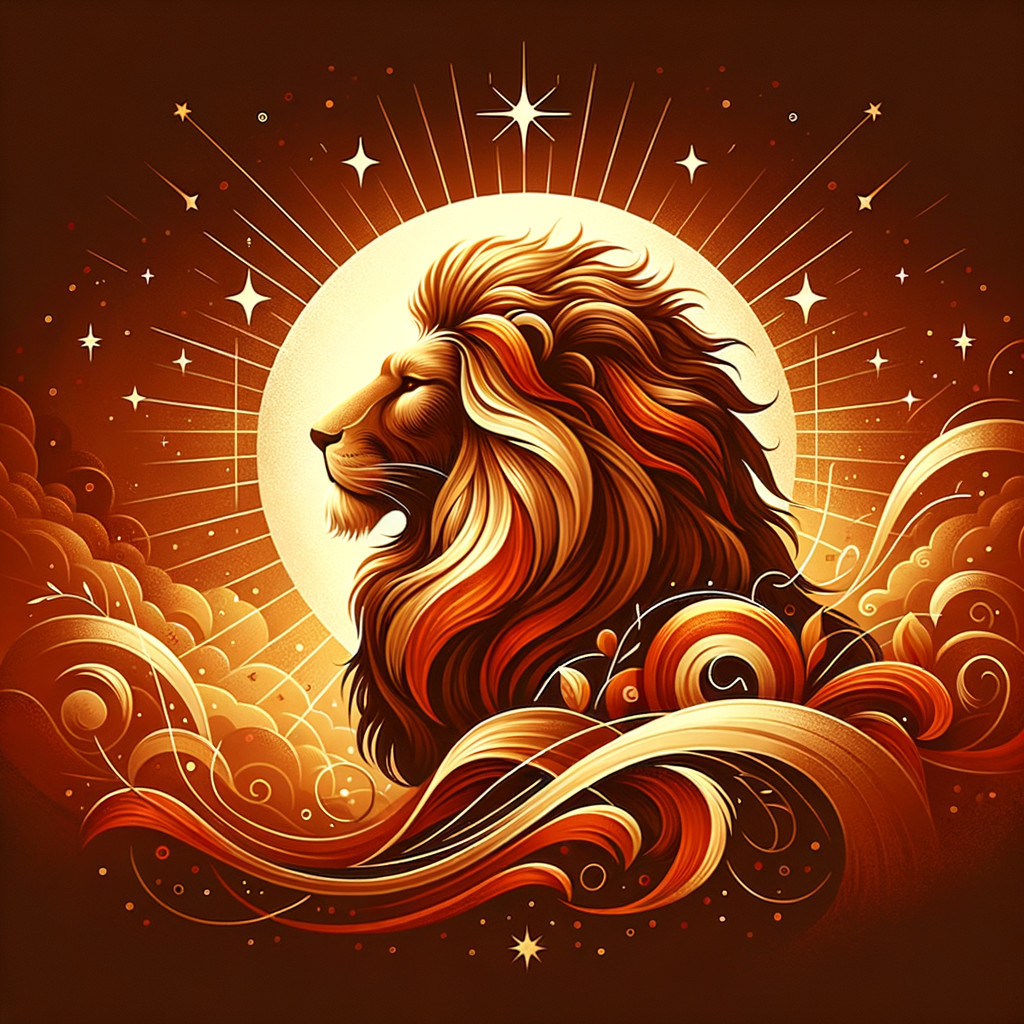 Golden Lion Illustration with Circular Light and Clouds