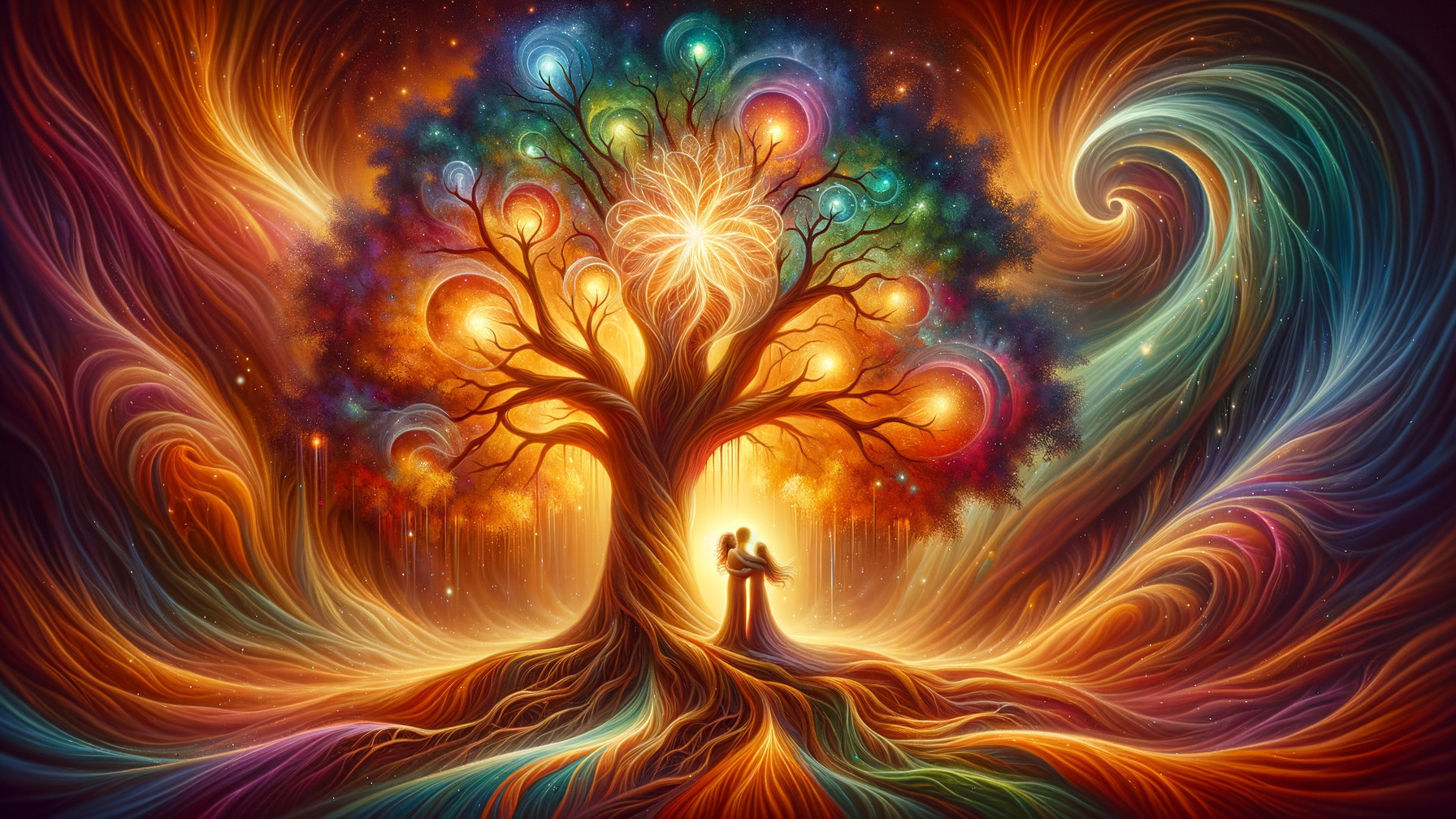 Majestic tree with glowing orbs in vibrant landscape