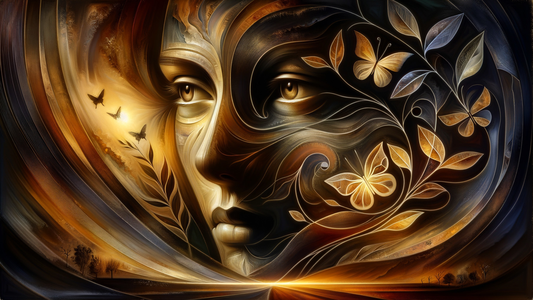 Surreal Woman's Face with Nature and Flowing Patterns