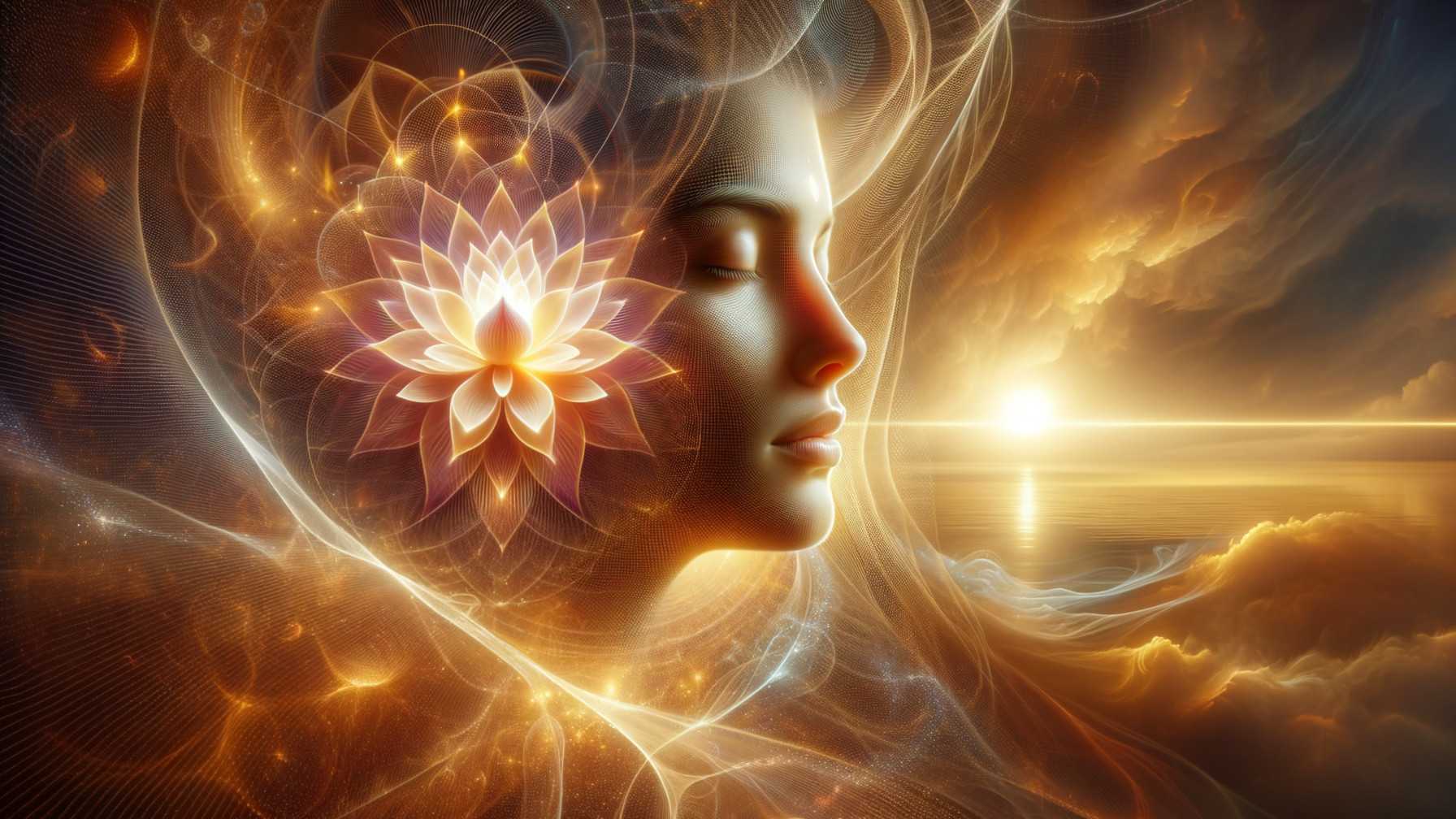 Serene Female Face with Lotus in Ethereal Setting