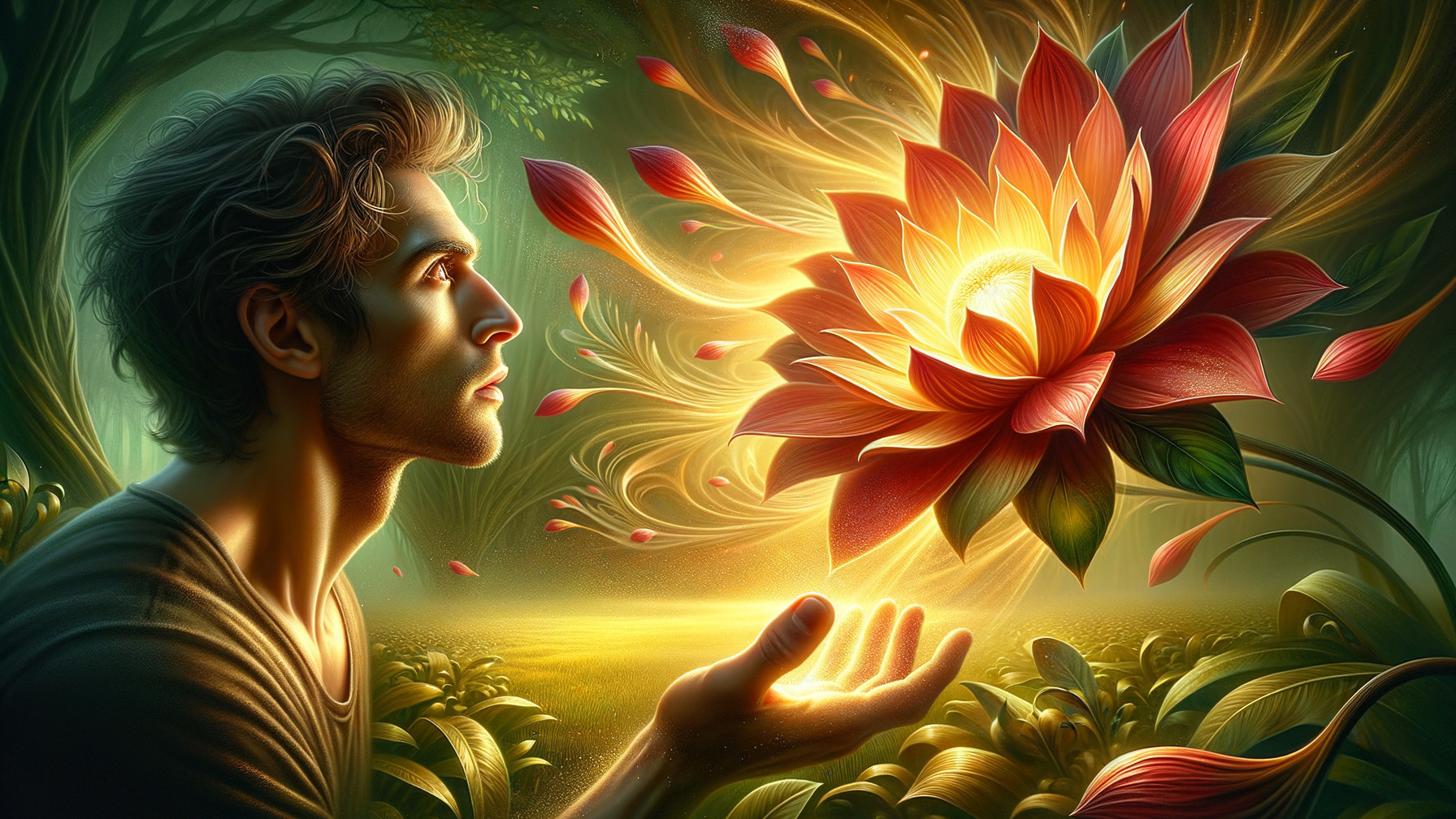 Man gazes at a glowing lotus flower in a forest