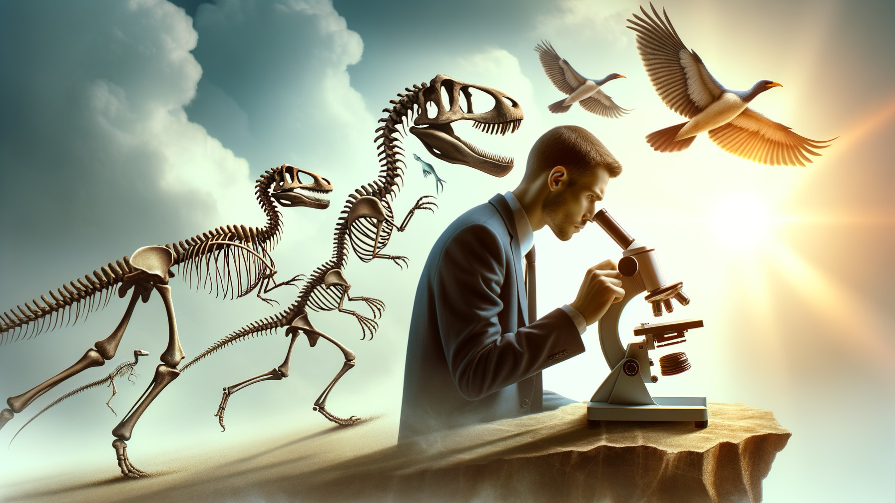 Man in Suit Examines Microscope with Dinosaurs Nearby