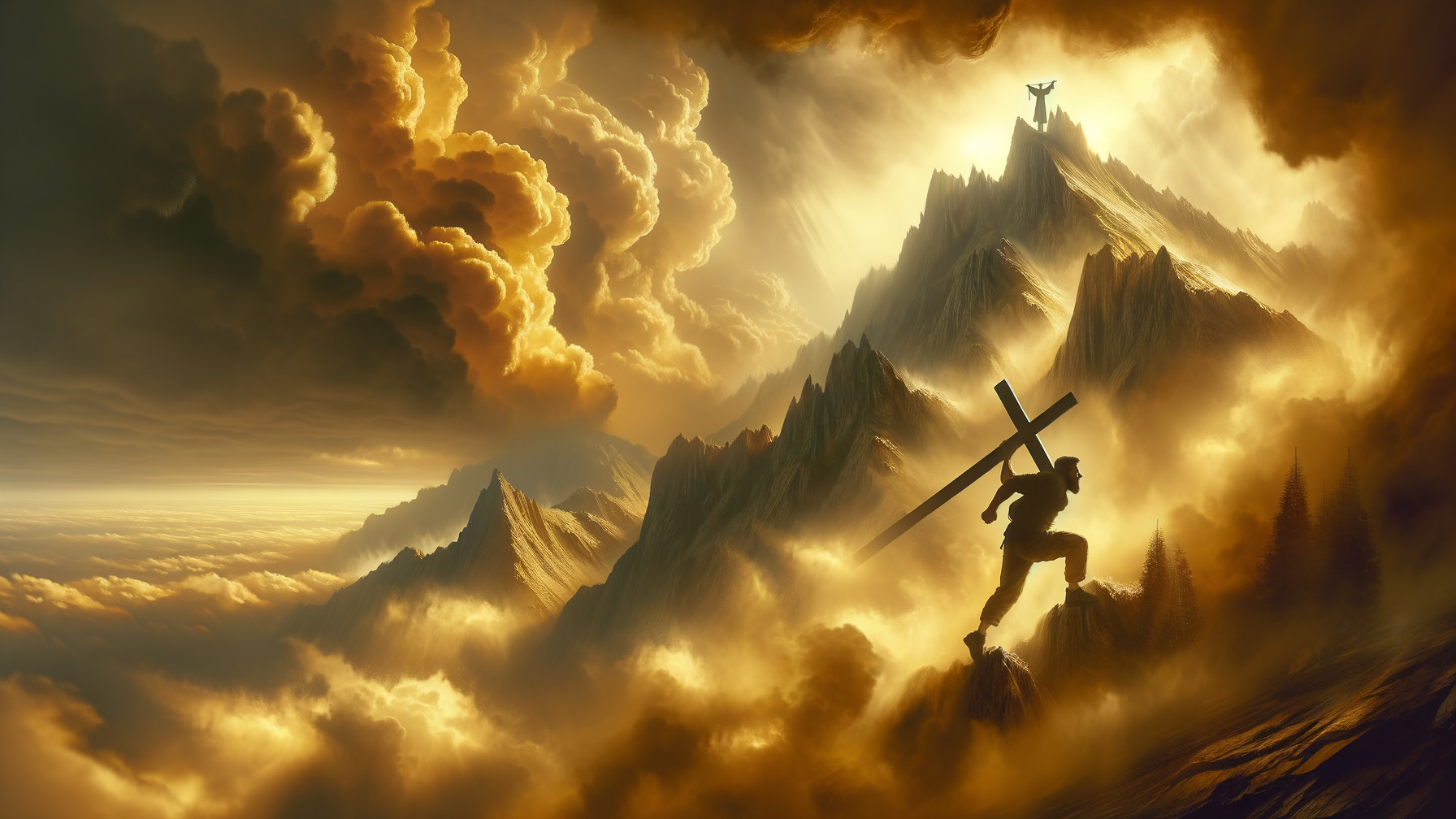 Dramatic Digital Artwork of Man with Wooden Cross Ascending