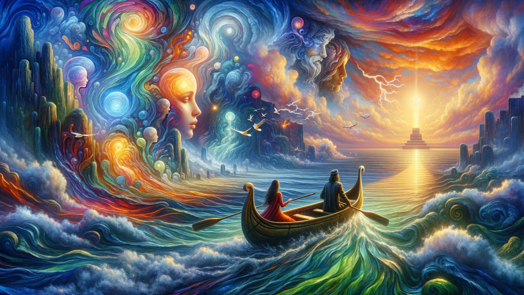 Surreal Scene of Figures in a Boat on Vibrant Waters