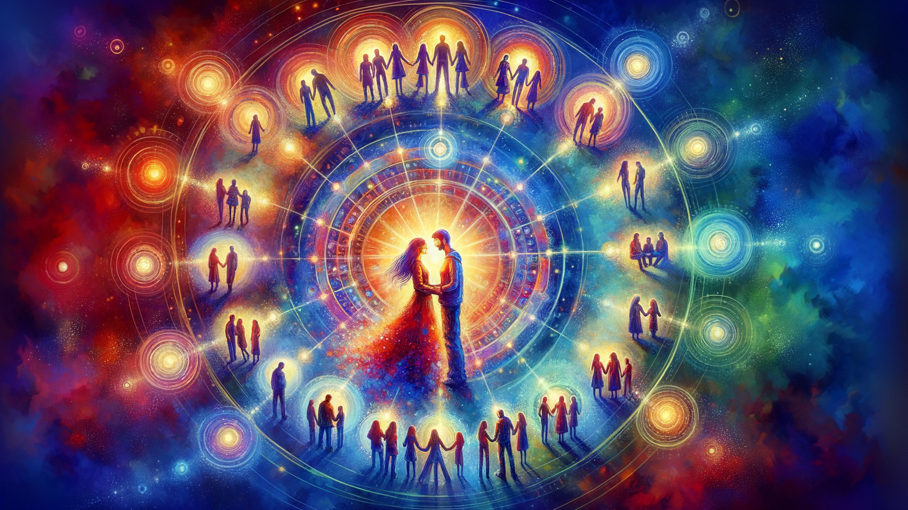 Cosmic Embrace with Colorful Patterns and Unity
