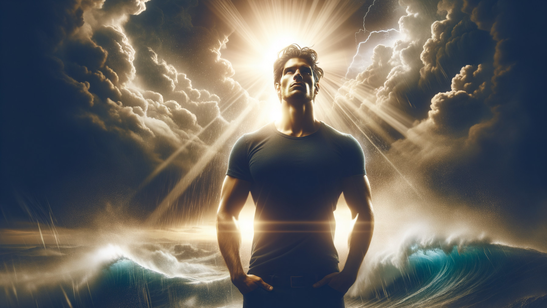 Powerful Figure Amidst Stormy Ocean Waves and Light