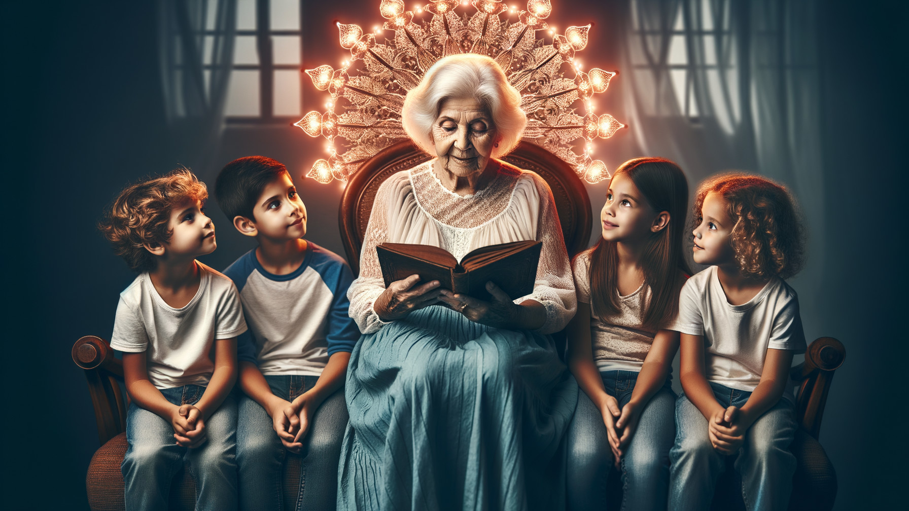 Elderly Woman Reading to Children in Cozy Setting