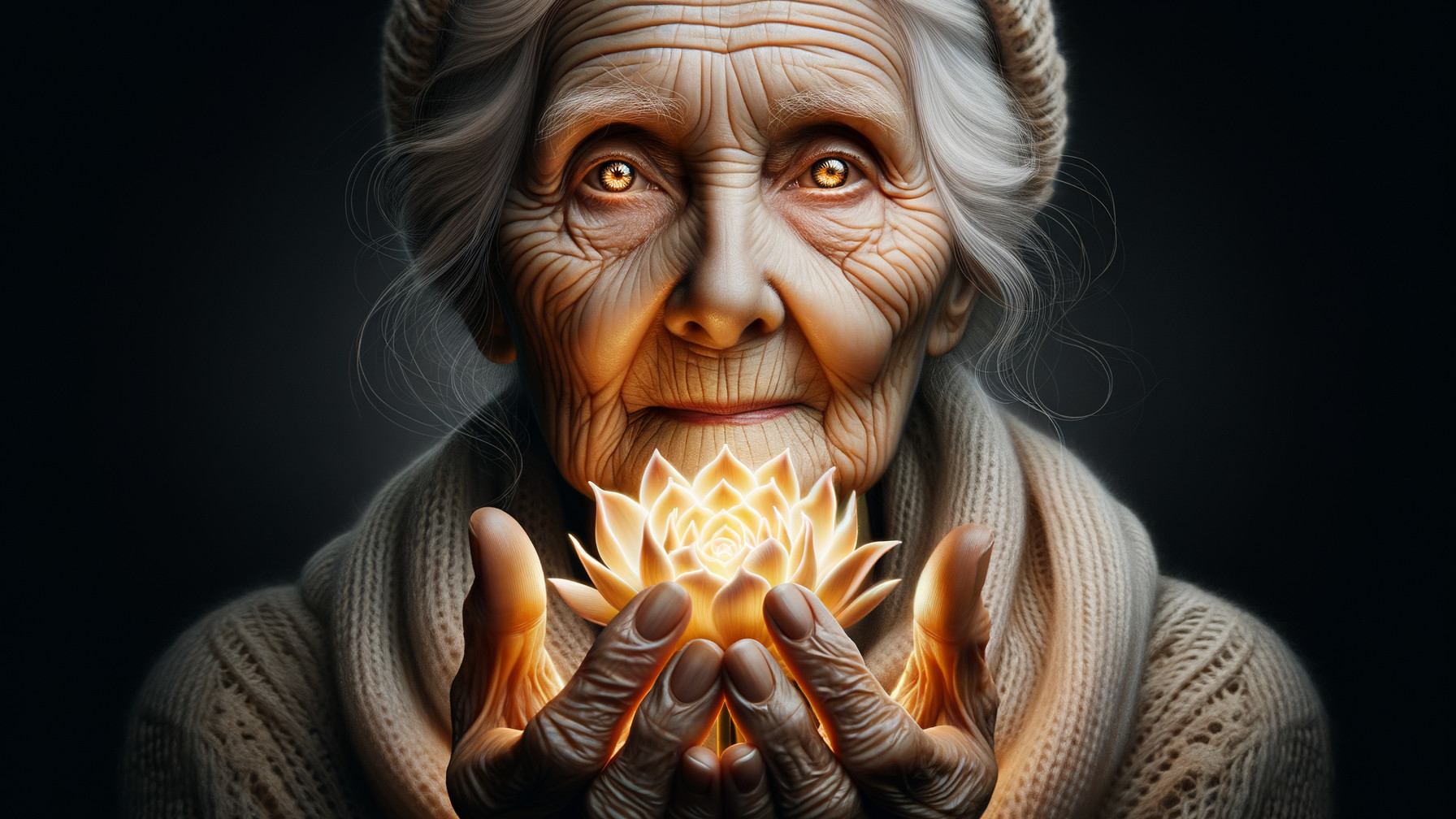 Elderly Woman Holding Luminous Lotus Flower in Light