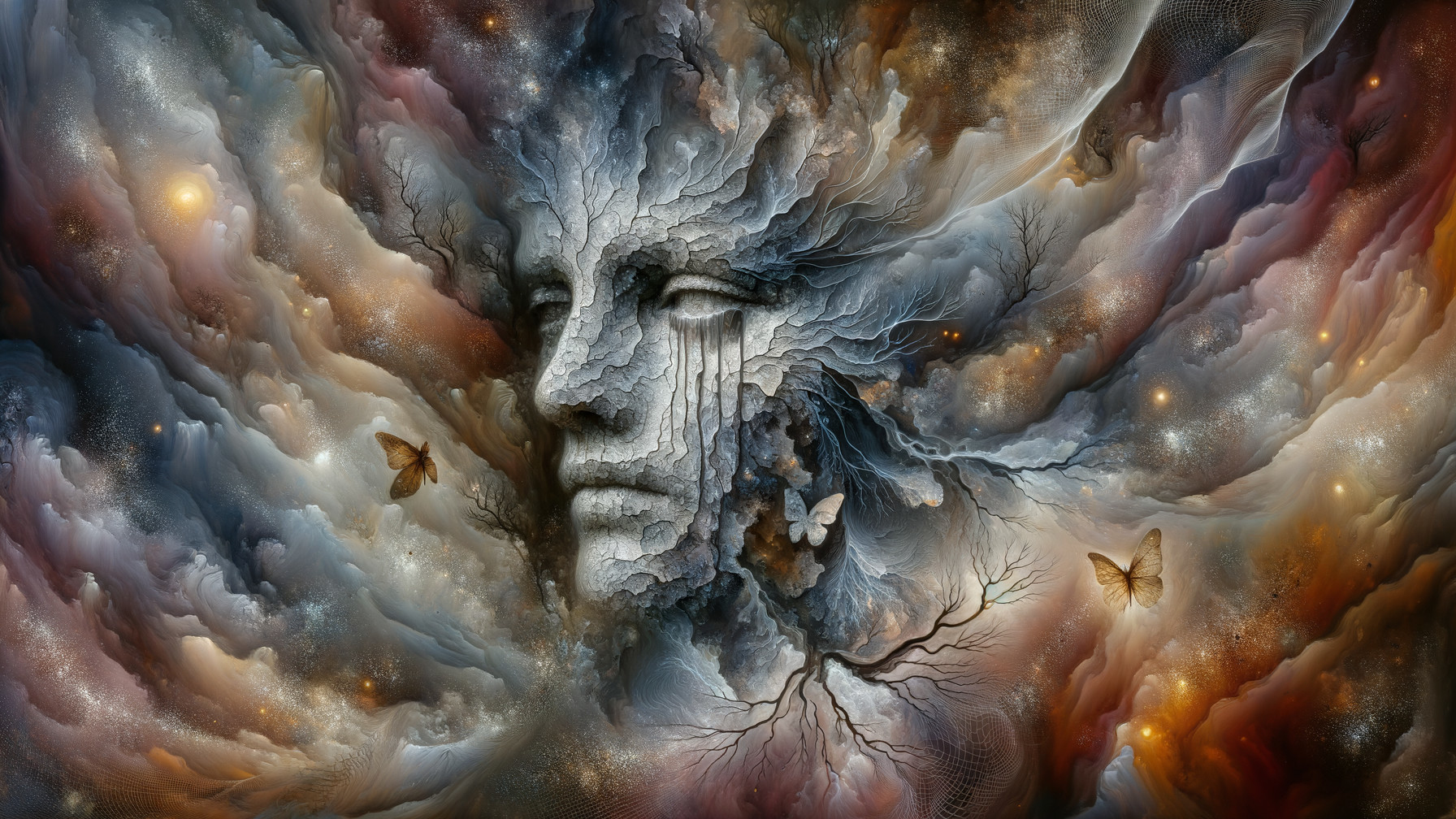 Surreal Face in Colorful Clouds with Nature Elements