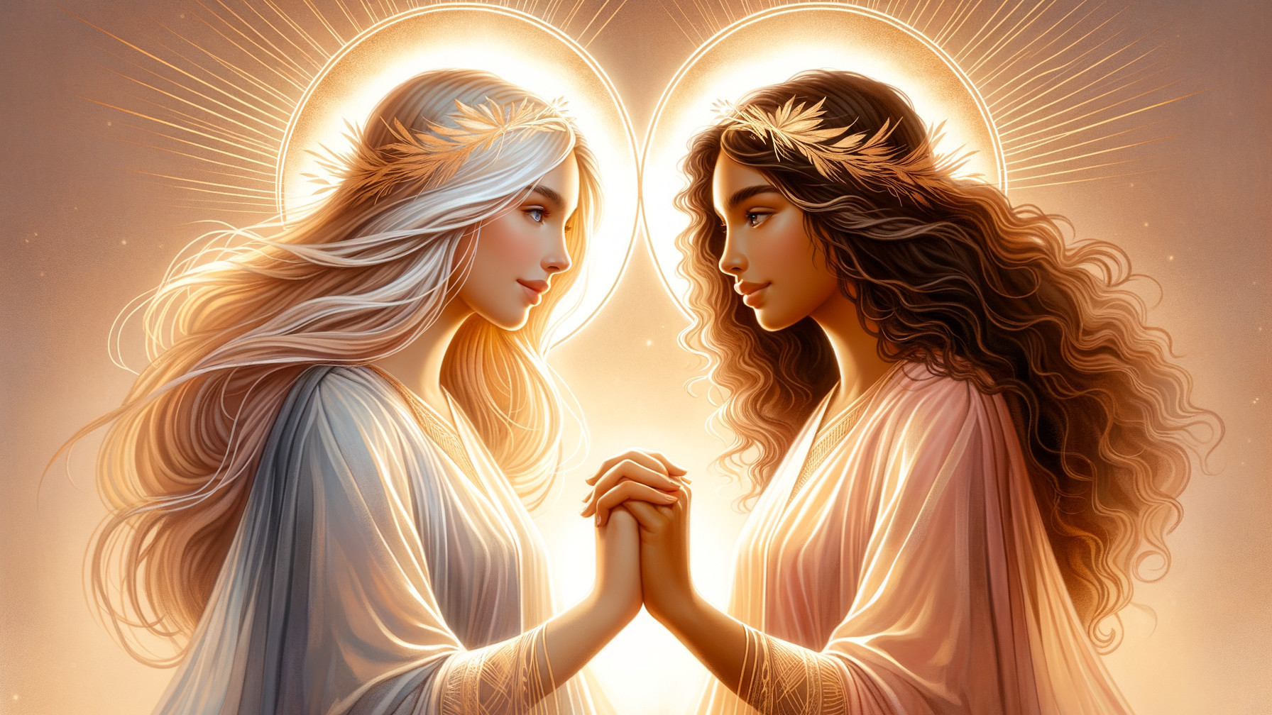 Goddesses in Robes with Golden Wreaths in Fantasy Art