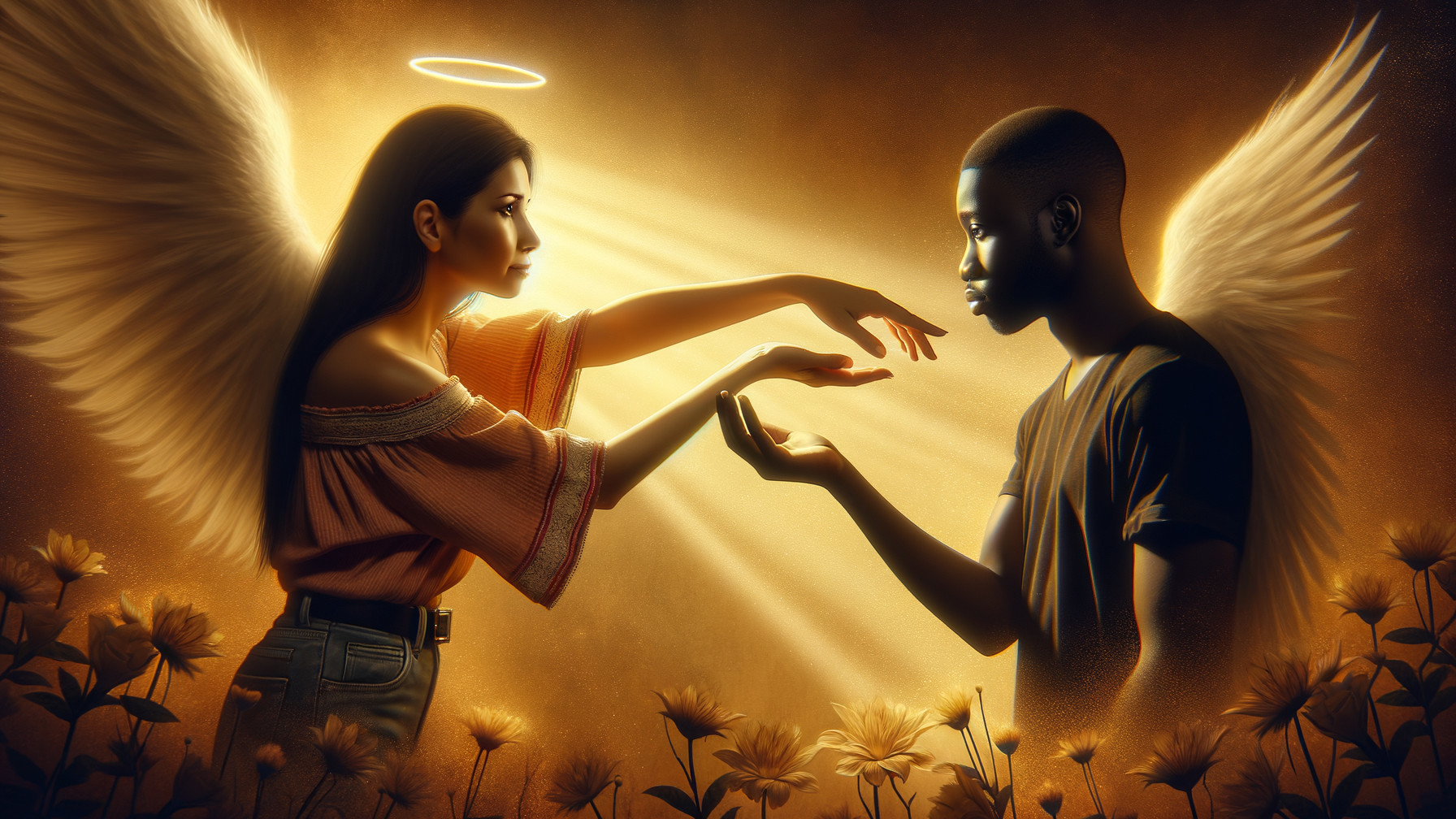 Serene Scene of Connection with Angelic Imagery