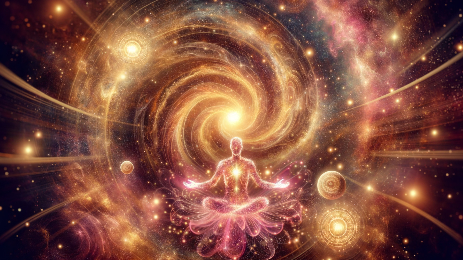 Meditative Figure in a Cosmic Landscape with Orbs