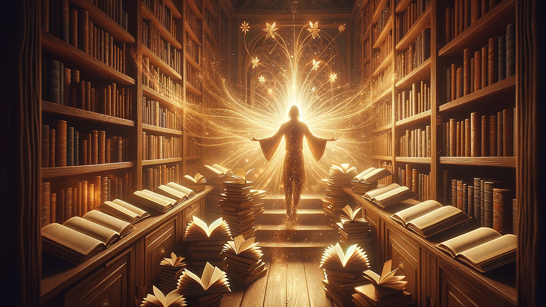Dimly Lit Library with Glowing Energy and Open Books