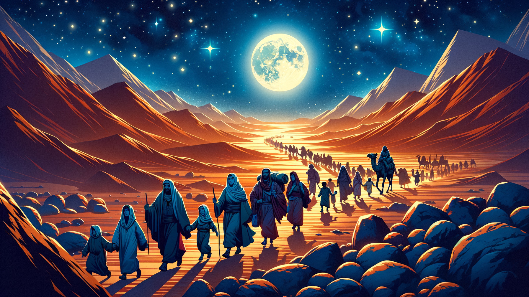 Desert Night Scene with People and Camels Under Stars