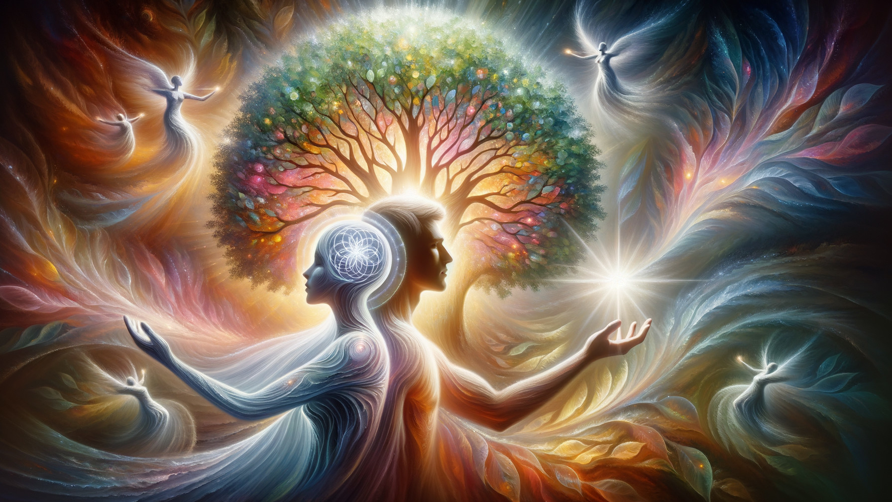 Intertwined Figures Amidst a Radiant Tree and Patterns