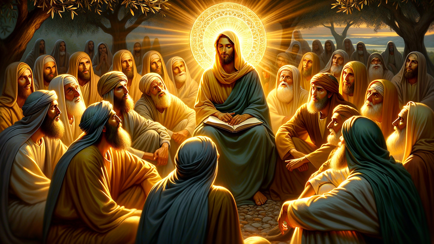 Jesus Surrounded by Followers Under a Tree Setting