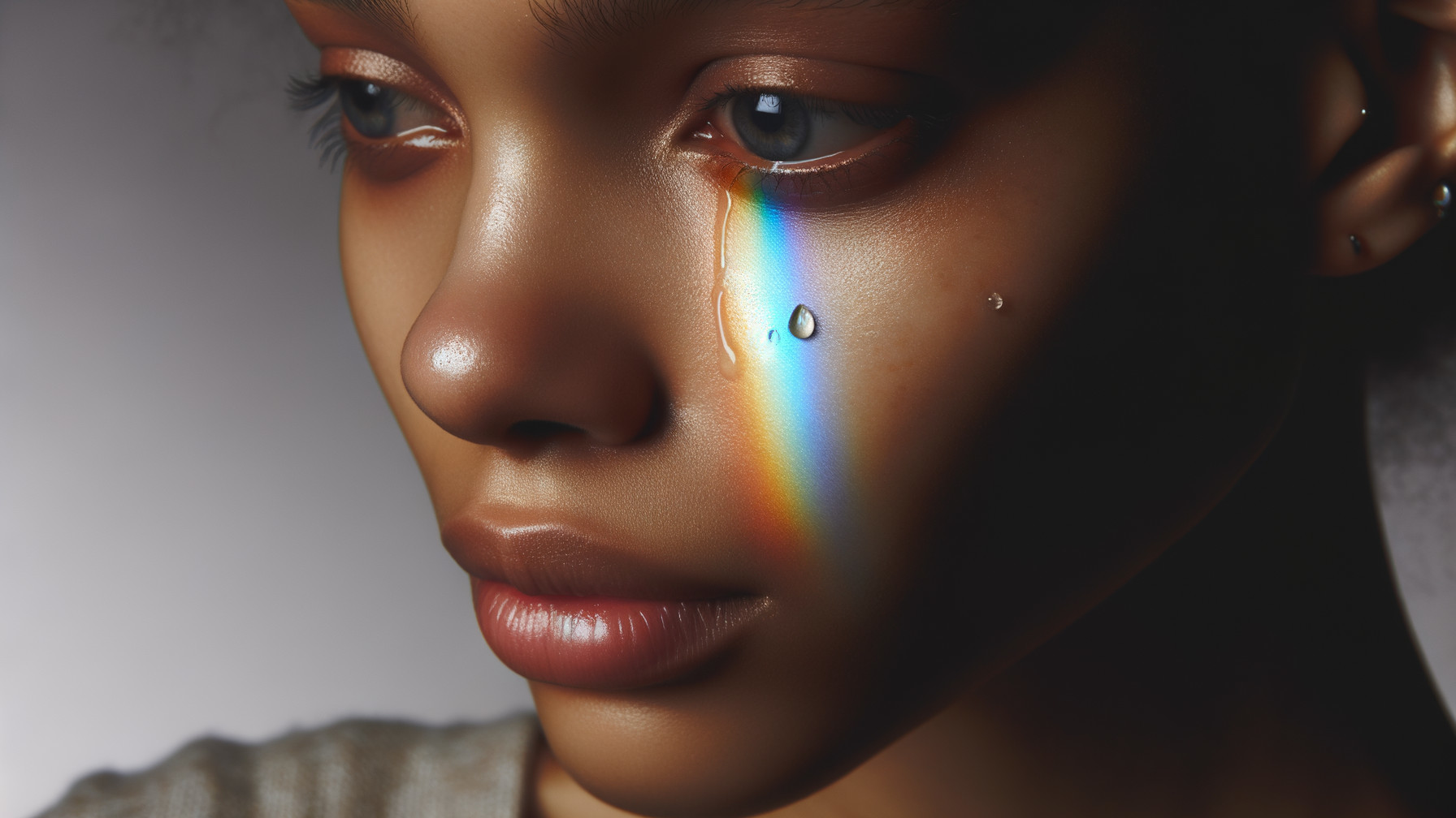 Close-Up Portrait of a Young Woman with Tear and Colors