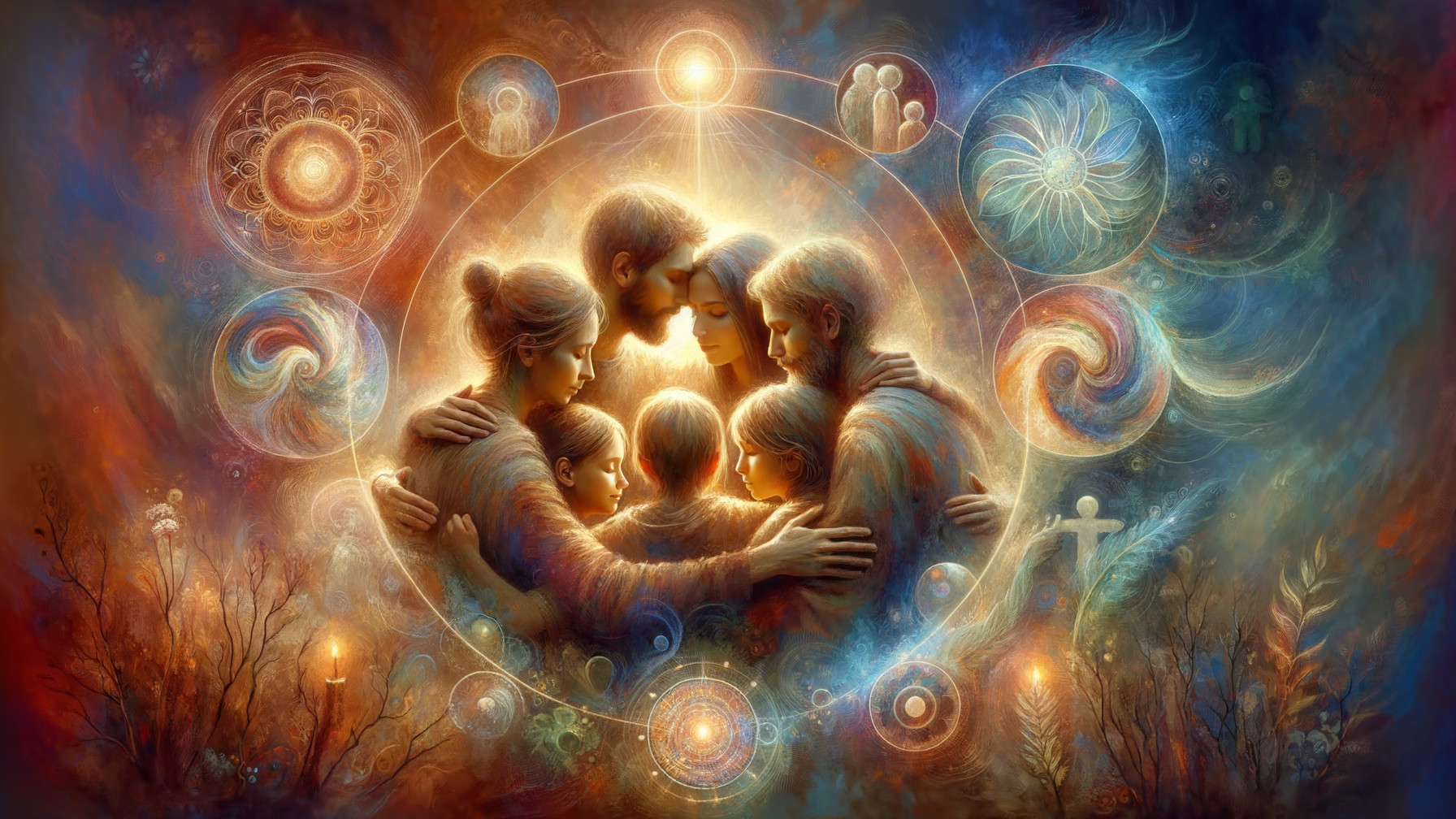 Ethereal Artwork of Six Embracing Figures in Unity