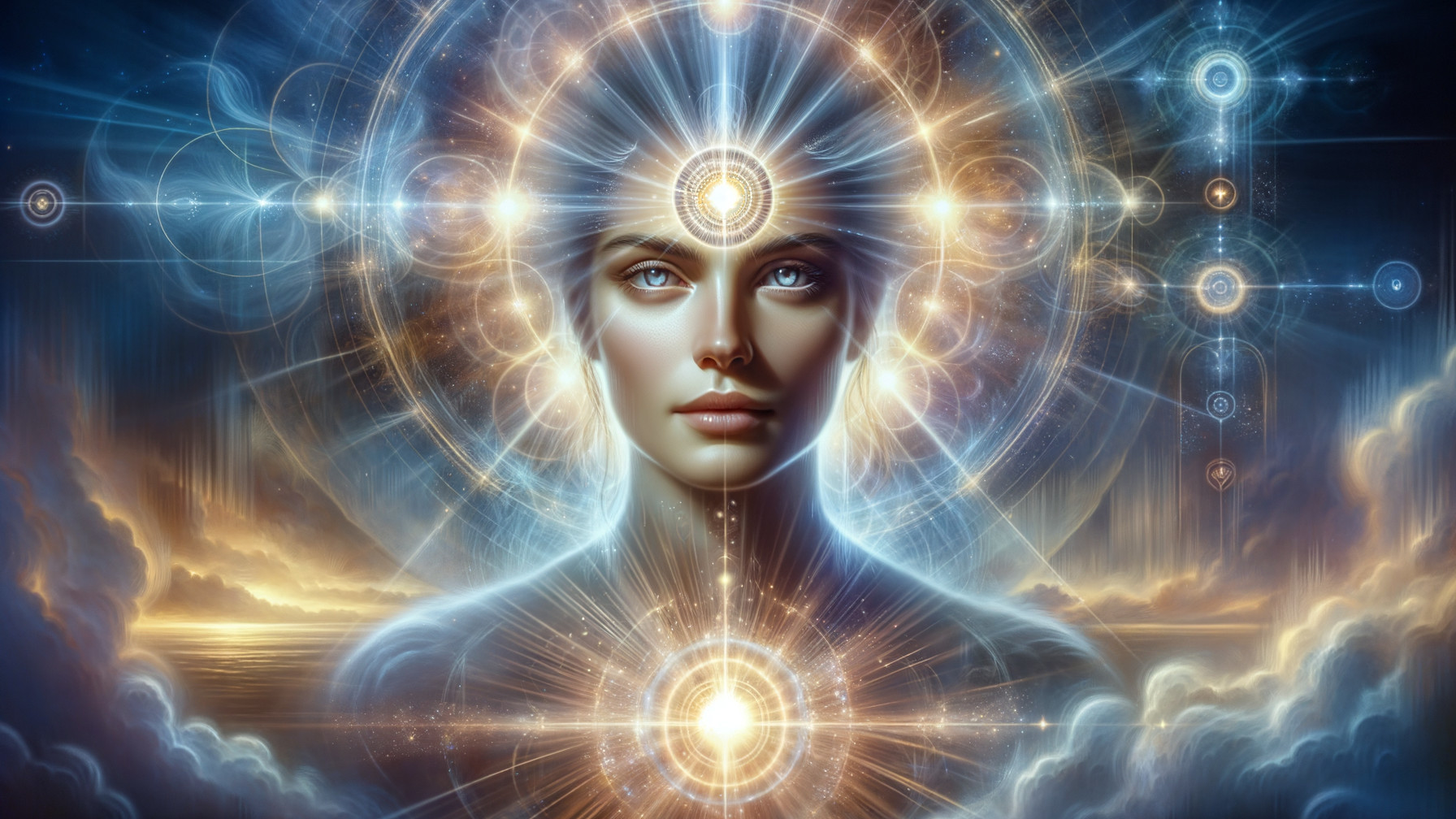 Celestial Figure Surrounded by Cosmic Patterns and Light