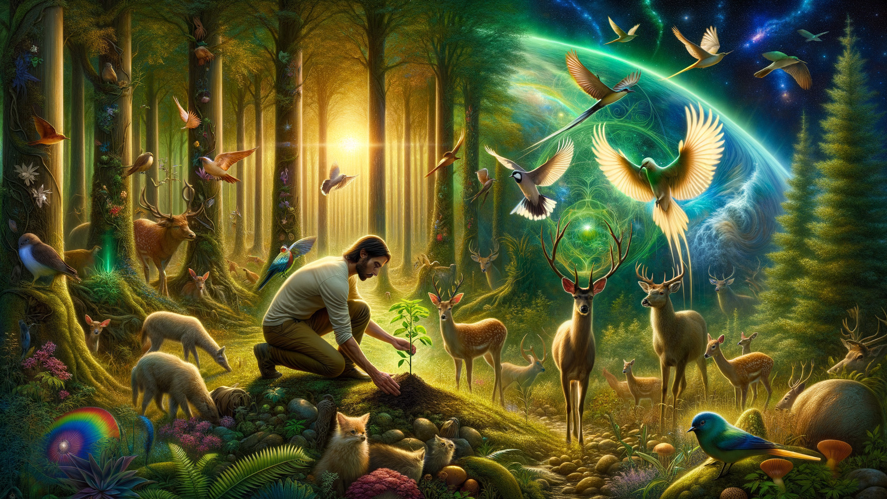 Forest Scene with Animals and Cosmic Elements