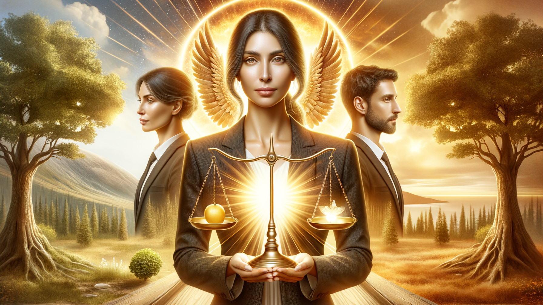 Serene Woman with Wings Holding Scales of Justice