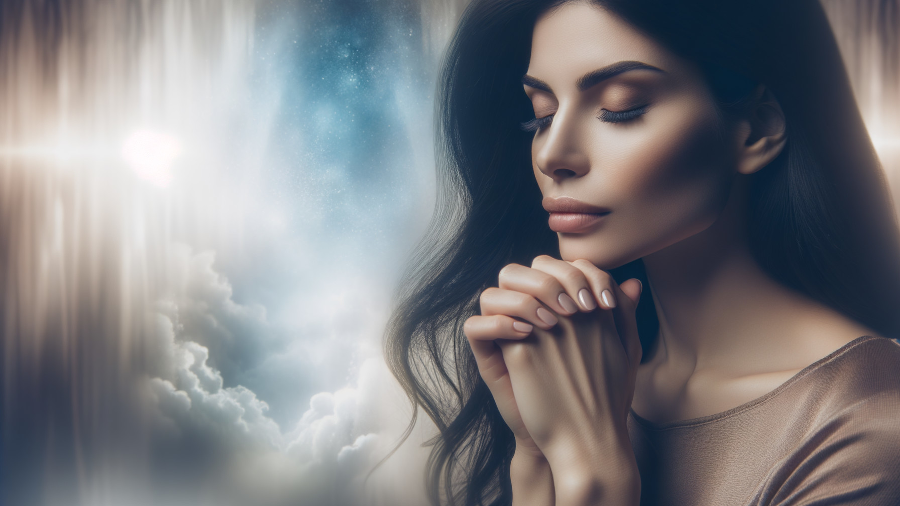 Serene Woman in Prayer with Ethereal Background