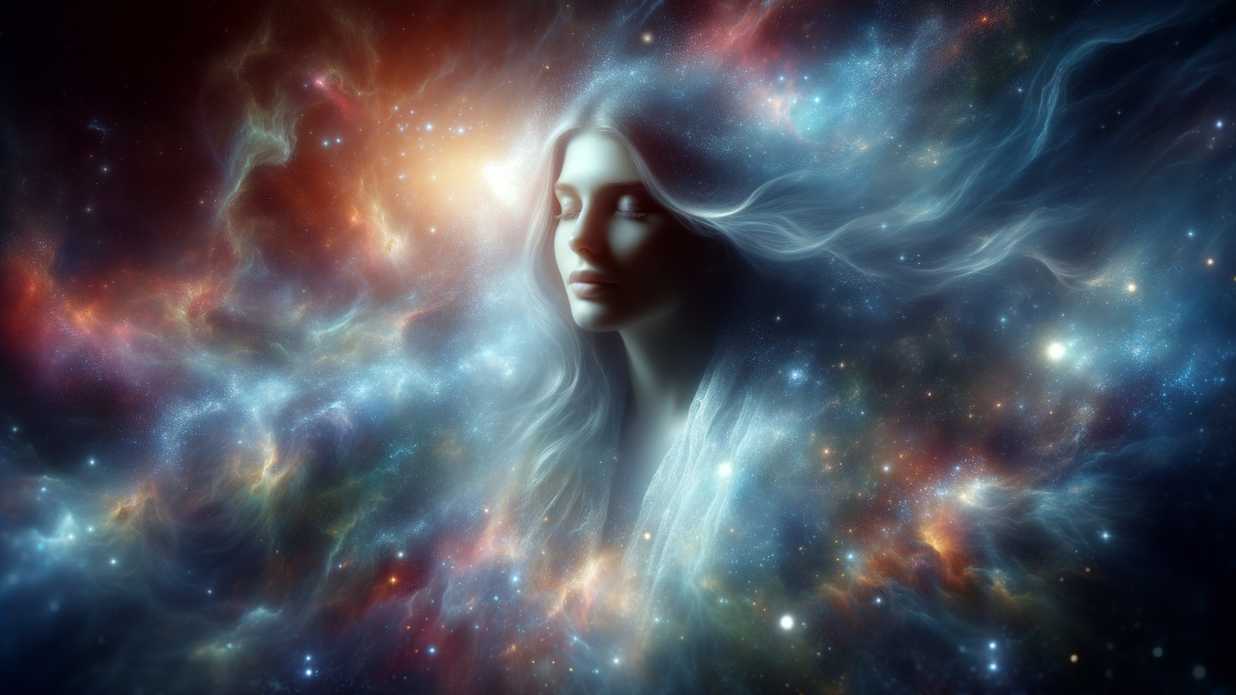 Ethereal Figure in Vibrant Cosmic Backdrop