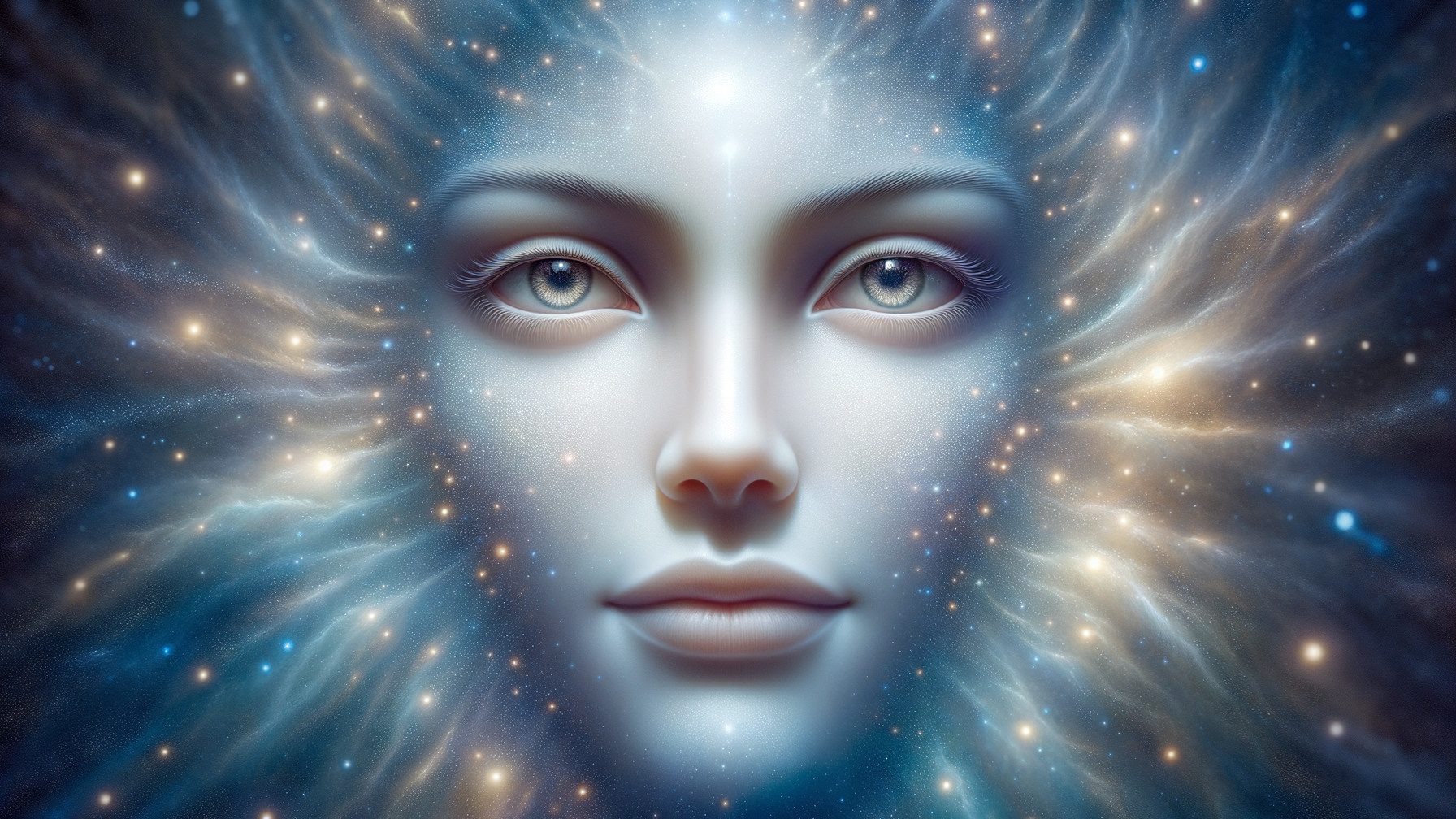 Ethereal Face in Cosmic Background with Glowing Aura