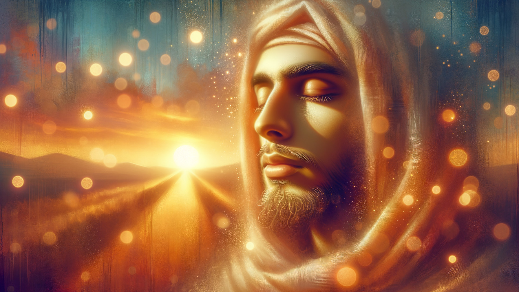 Serene portrait of a man with peaceful expression at sunset