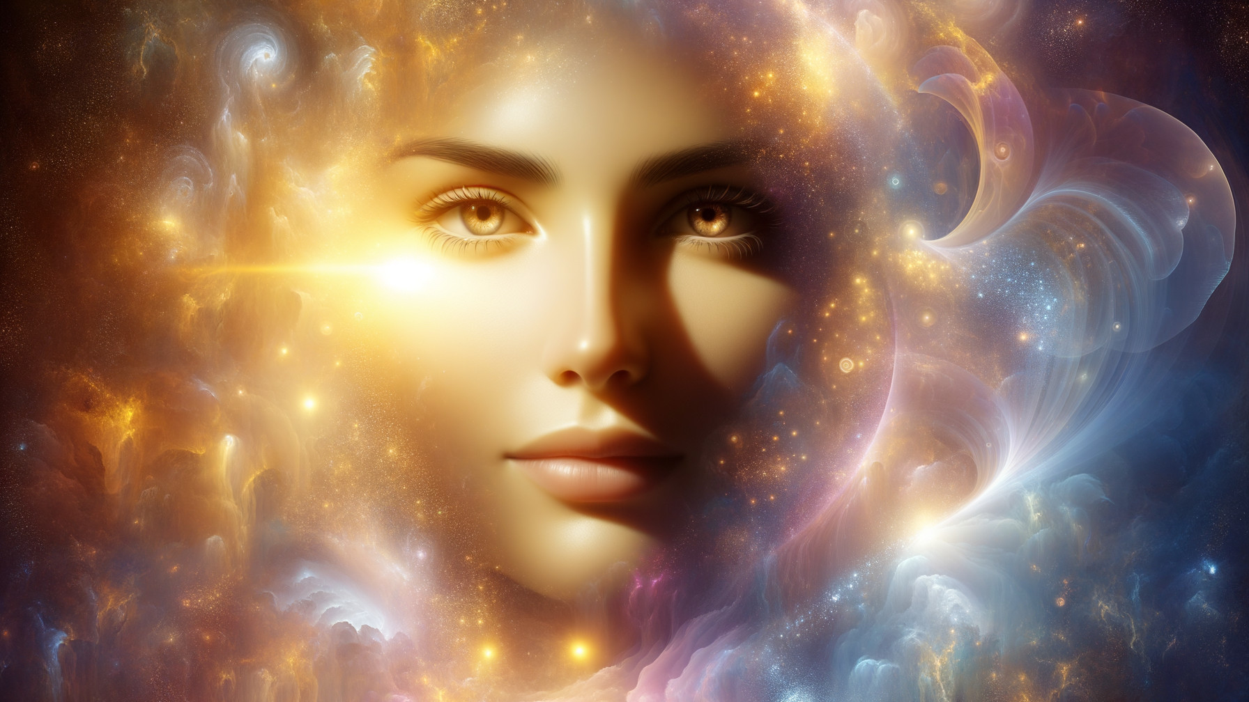 Ethereal Luminescent Face in Cosmic Background
