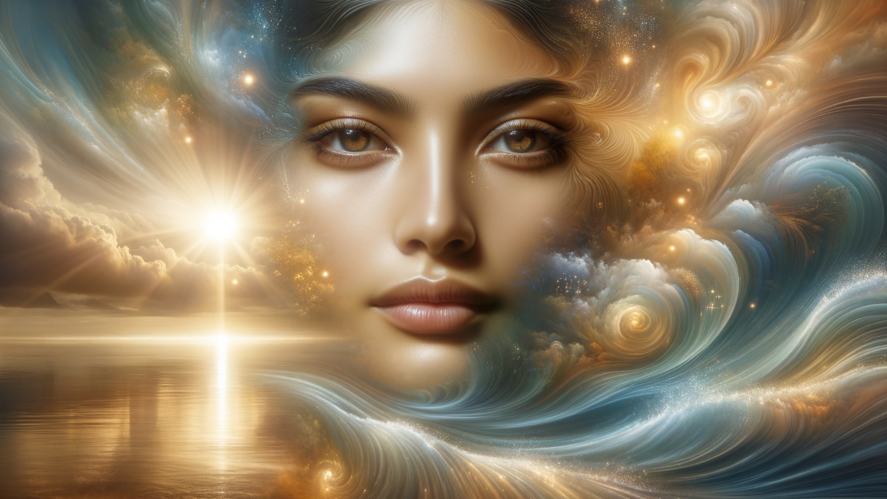 Portrait with Cosmic Elements and Serene Landscape