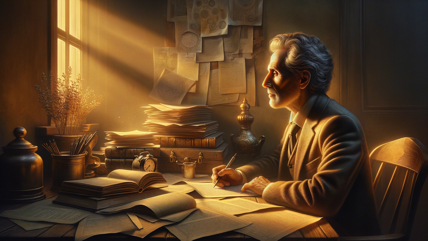 Contemplative Man Writing in a Warmly Lit Study