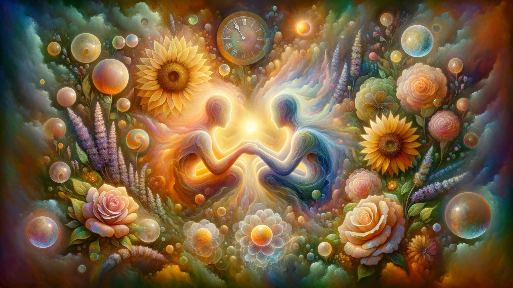 Entwined Figures in a Colorful Floral Dreamscape