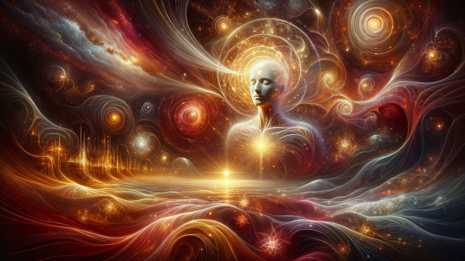 Surreal Cosmic Landscape with Faceless Figure and Colors