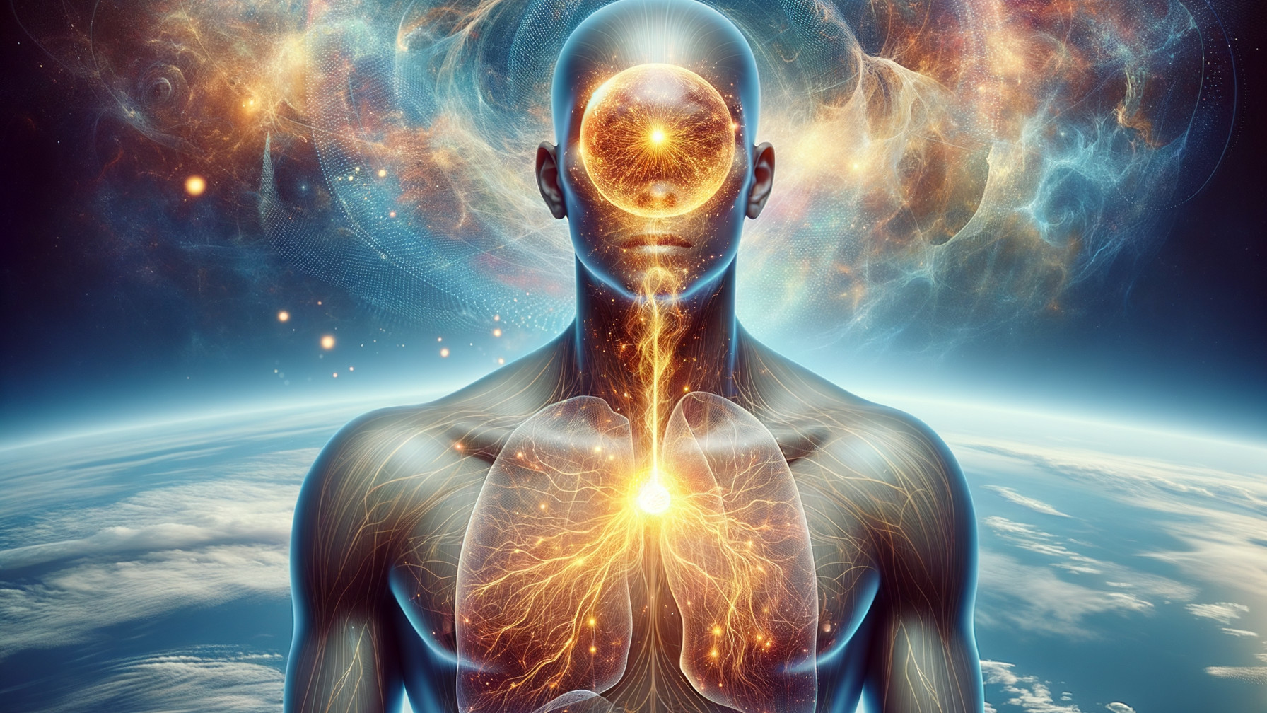 Surreal Human Figure with Cosmic Backdrop and Energy Patterns