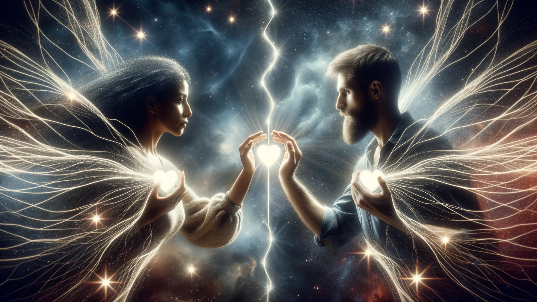Cosmic Scene of Love with Glowing Hearts and Wings