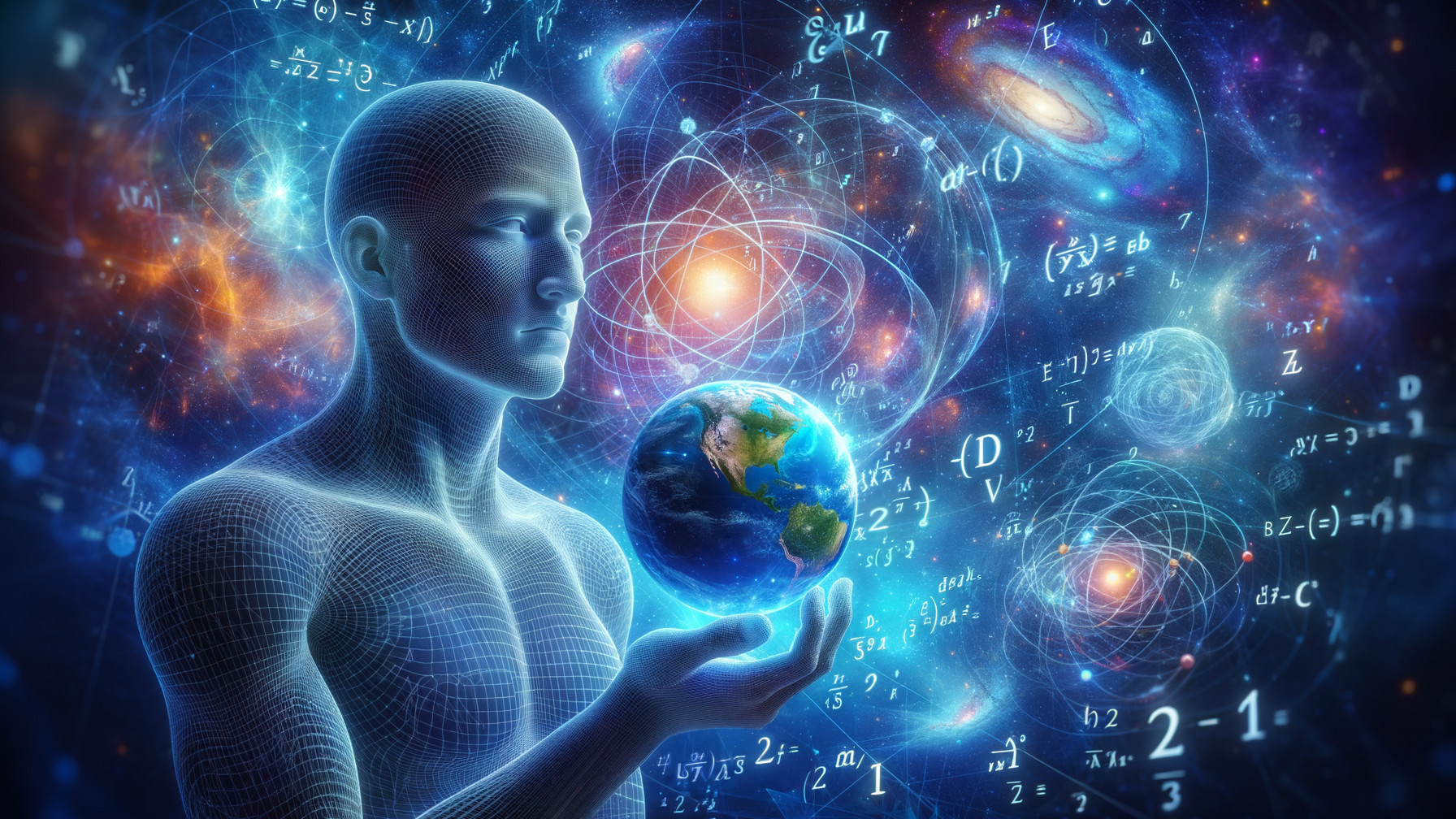 Luminous Wireframe Figure with Glowing Earth in Cosmos