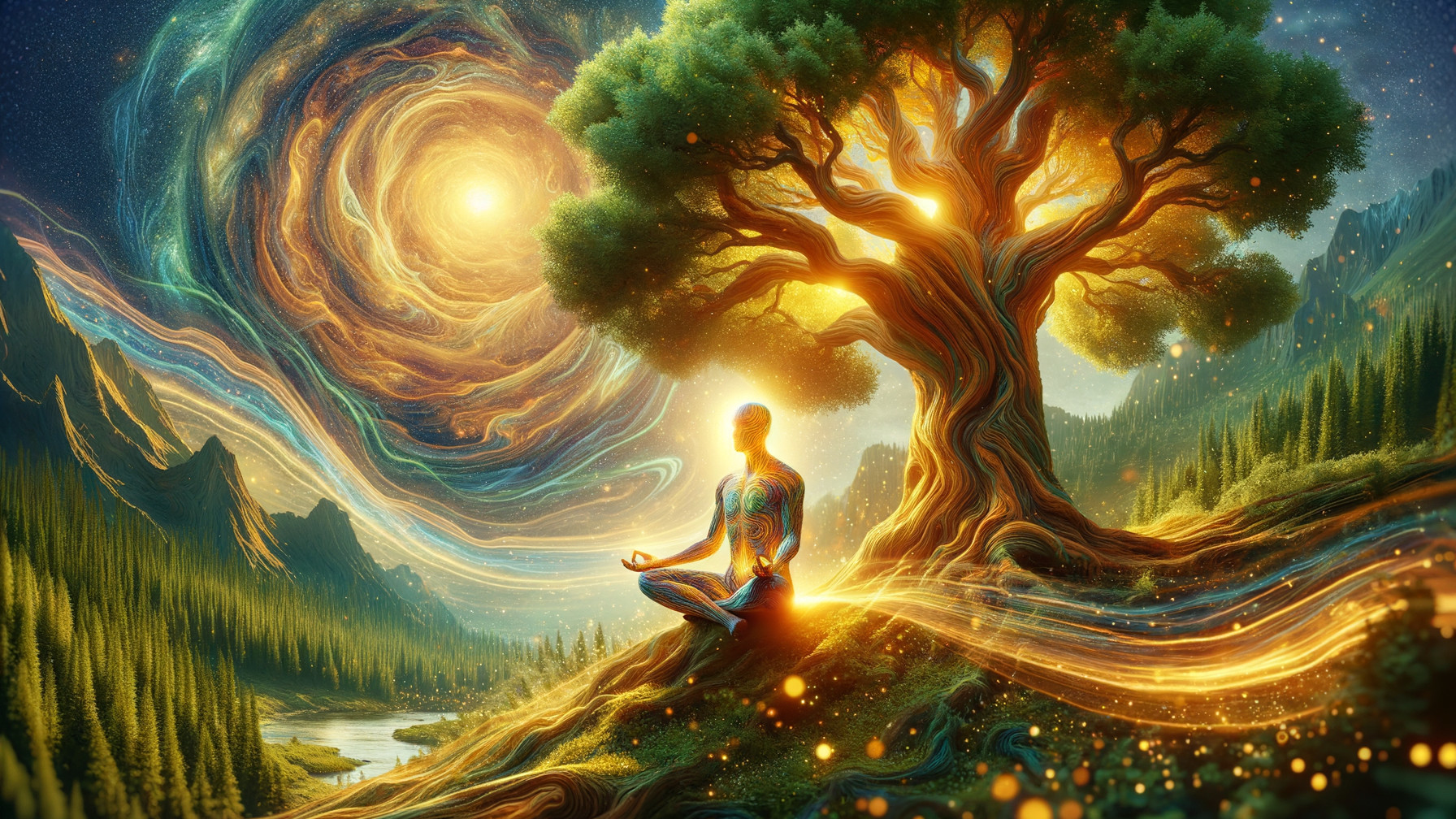 Meditative Figure Under a Cosmic Tree Scene