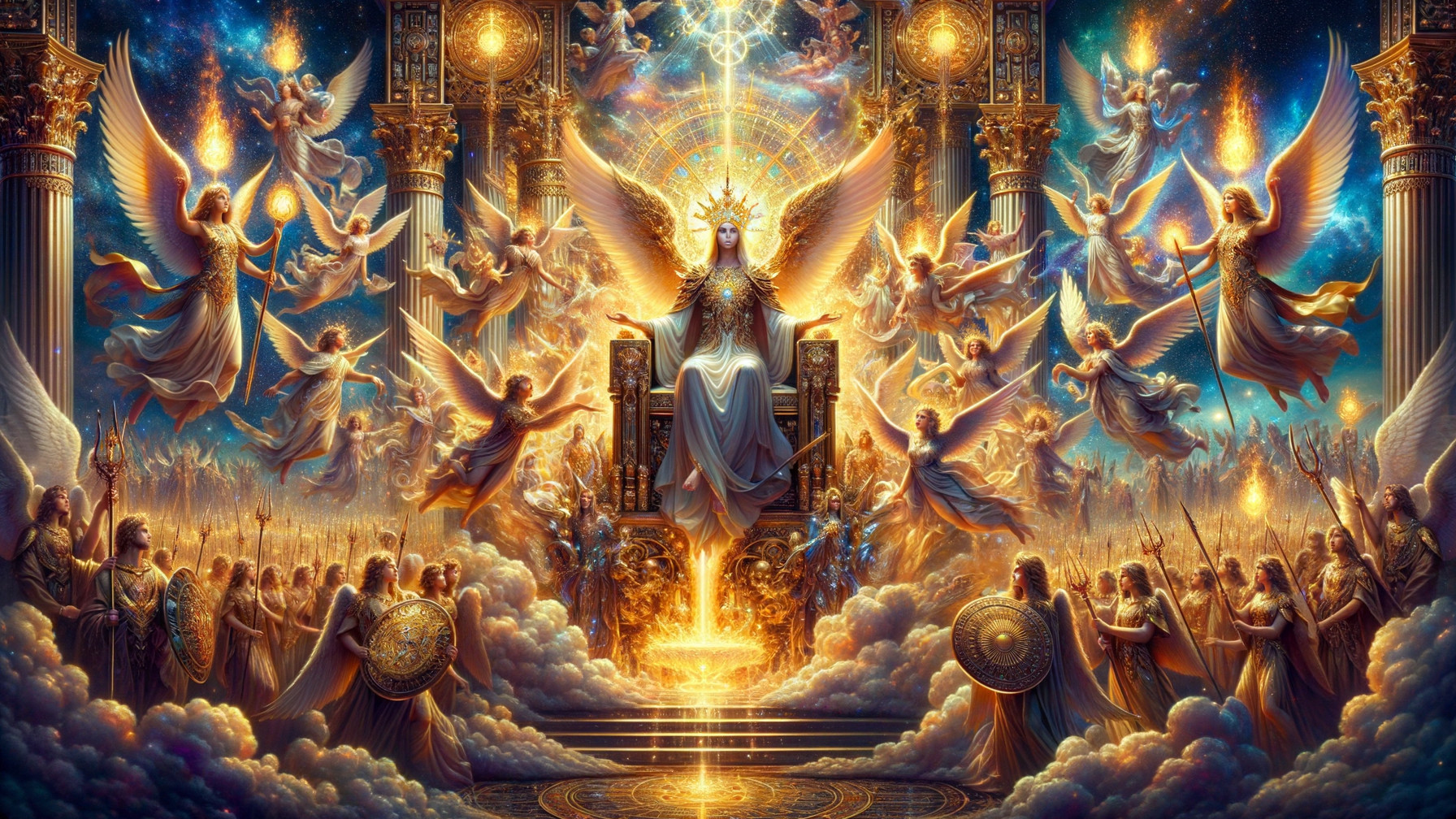 Celestial Scene with Majestic Figure and Angels
