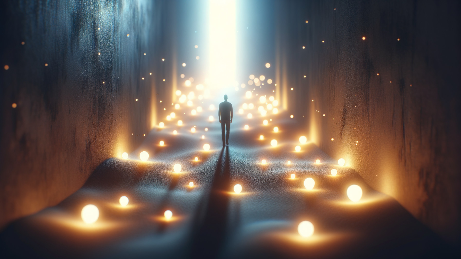 Solitary Figure in a Glowing, Mystical Corridor