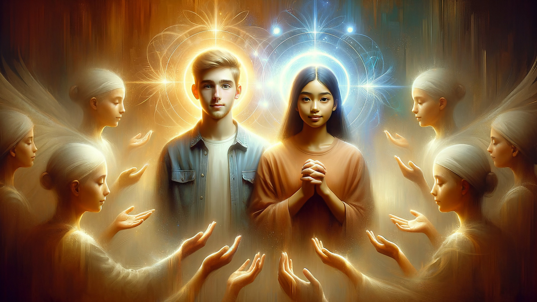 Young Couple Surrounded by Ethereal Angelic Figures