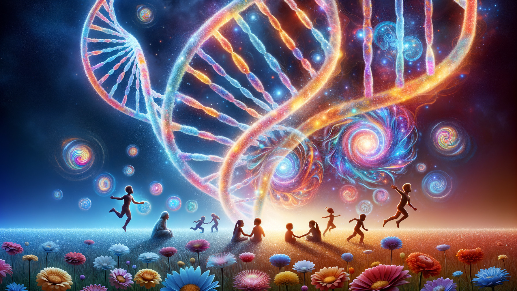 Cosmic Scene with Galaxies and DNA Among Flowers