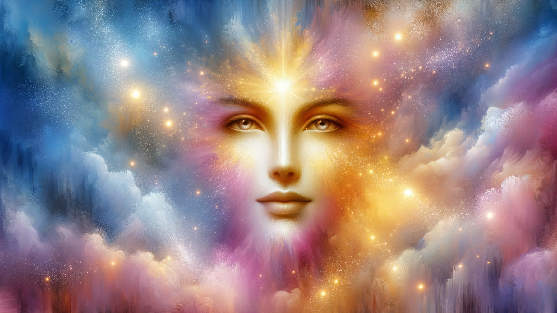 Surreal Portrait with Cosmic Background and Soft Clouds