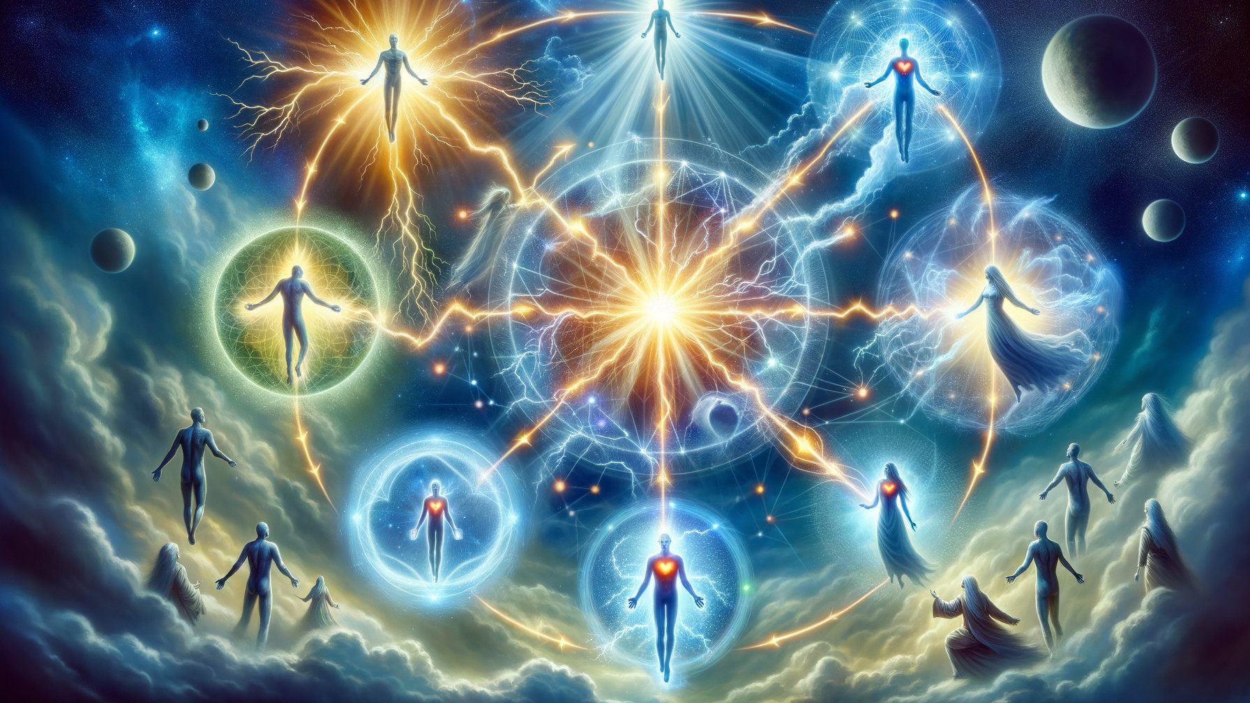 Cosmic Scene with Ethereal Figures and Luminous Orbs