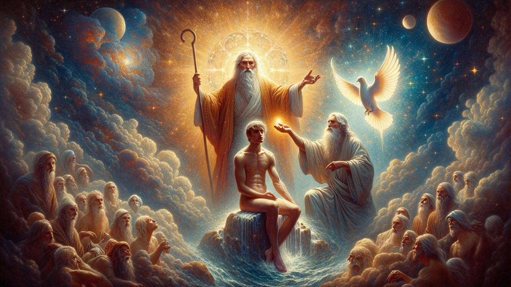 Celestial Scene with Divine Figures and Ethereal Beings