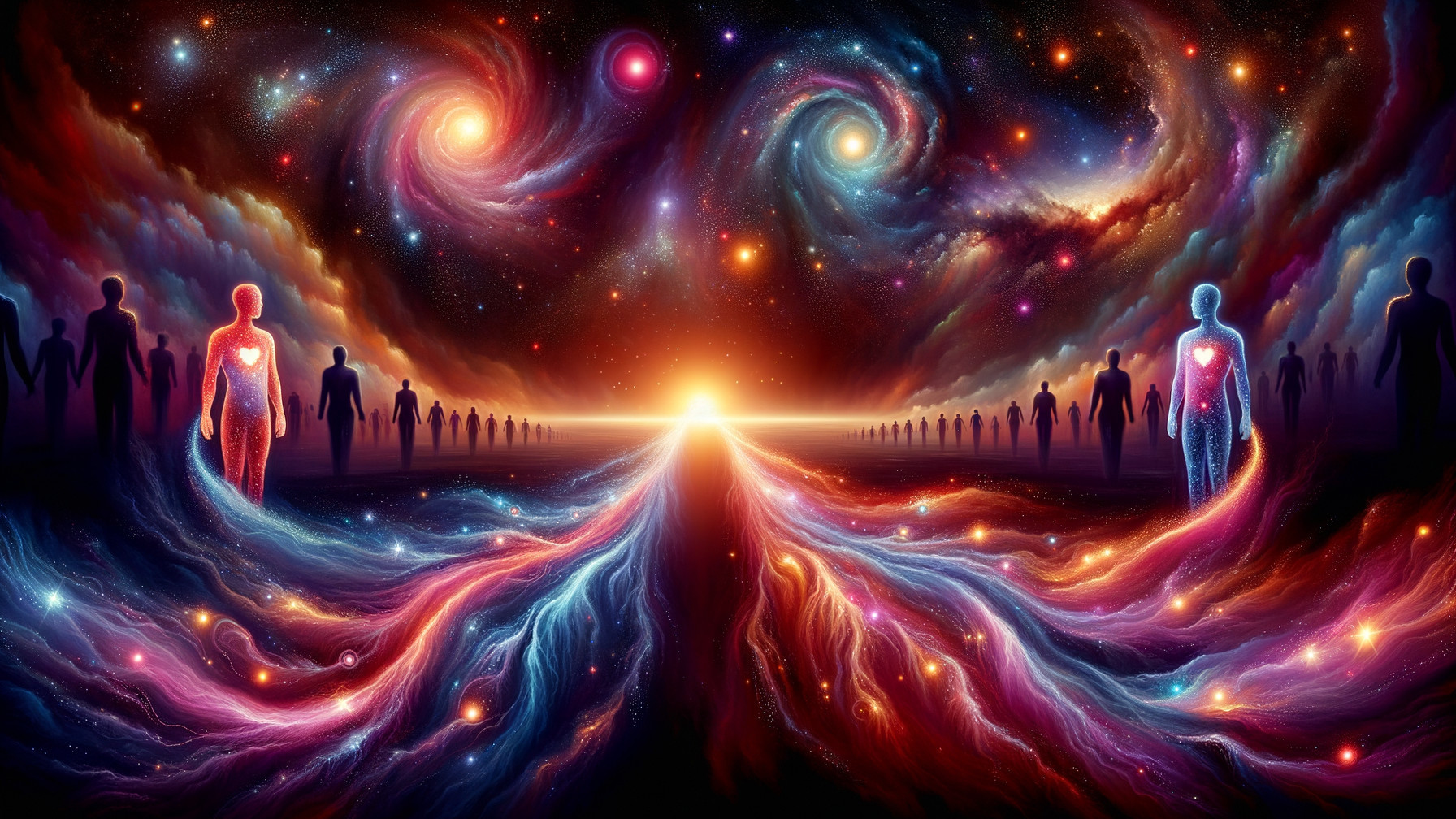 Cosmic Landscape with Galaxies and Symbolic Figures