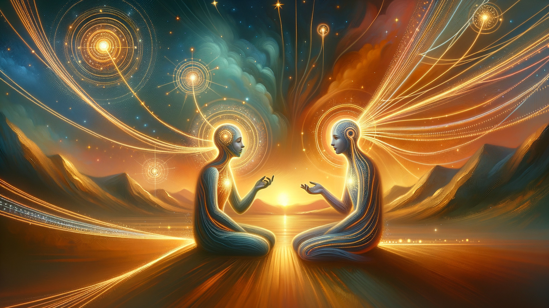 Ethereal Figures in Serene Sunset Landscape