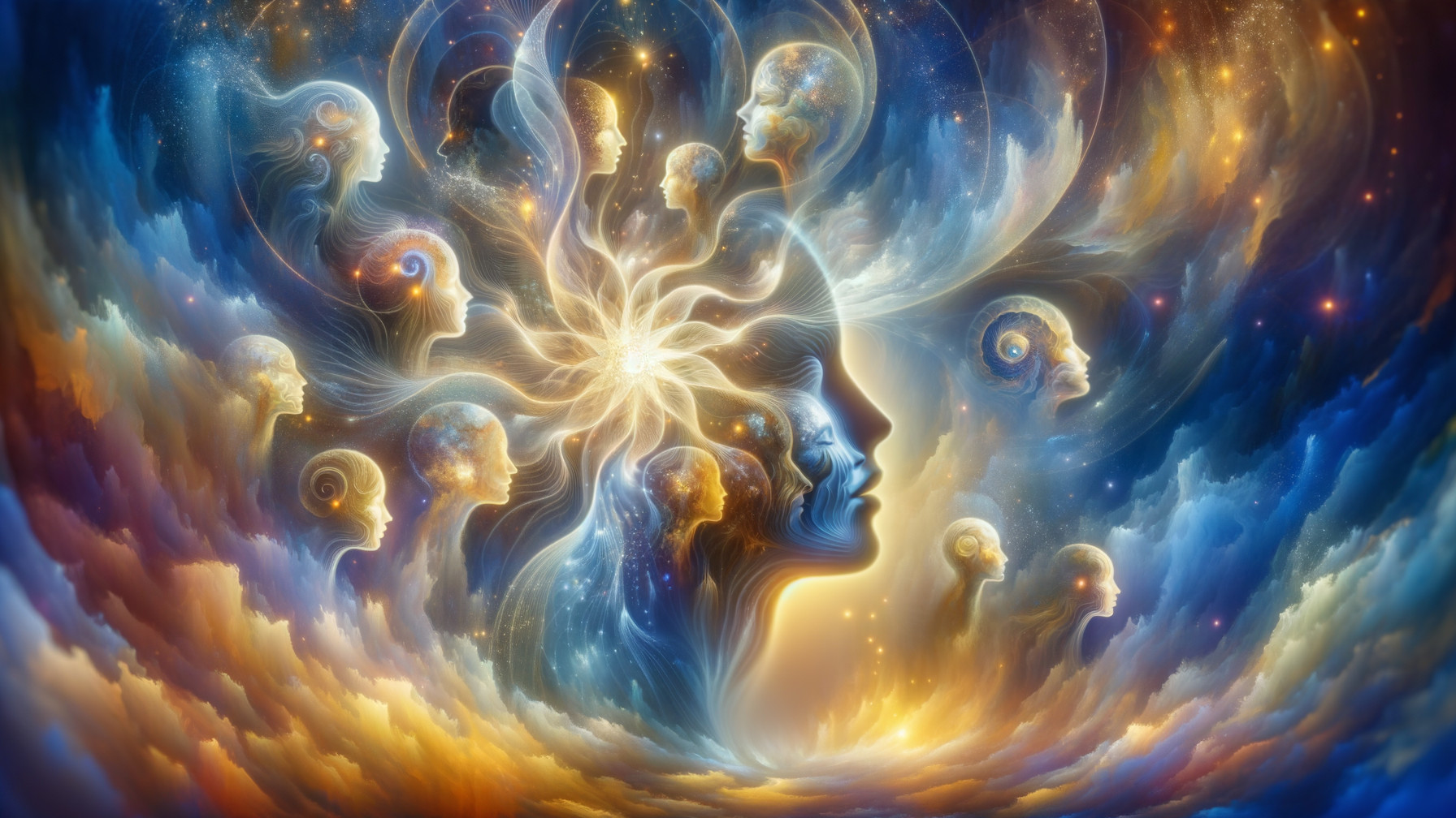 Surreal Cosmic Scene with Ethereal Faces and Colors