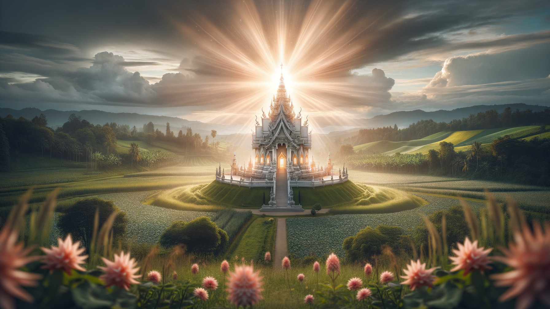 Majestic temple in lush landscape with vibrant flowers