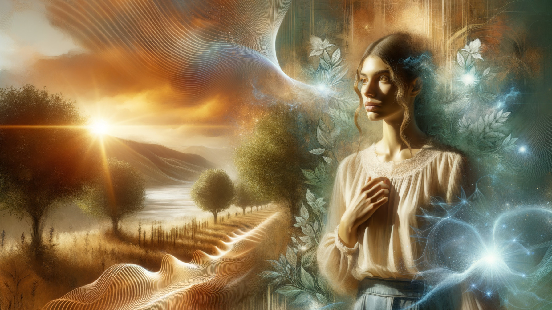 Contemplative Woman in Dreamlike Nature Scene